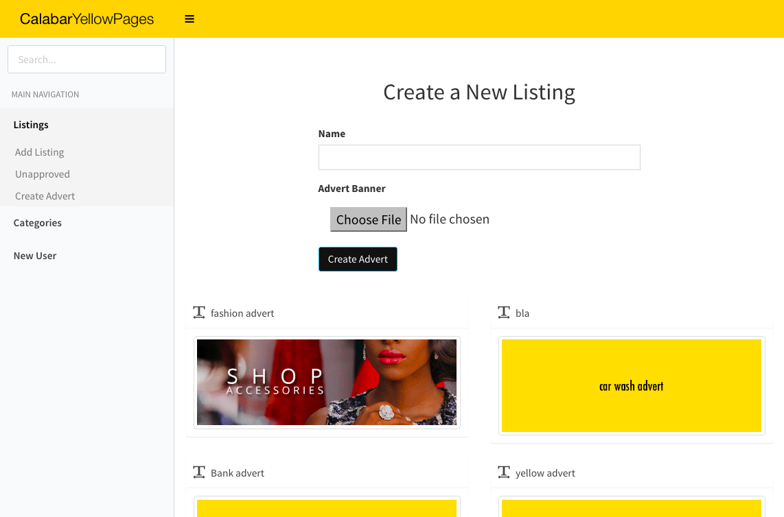 Calabar Yellow Pages Dashboard Adverts page